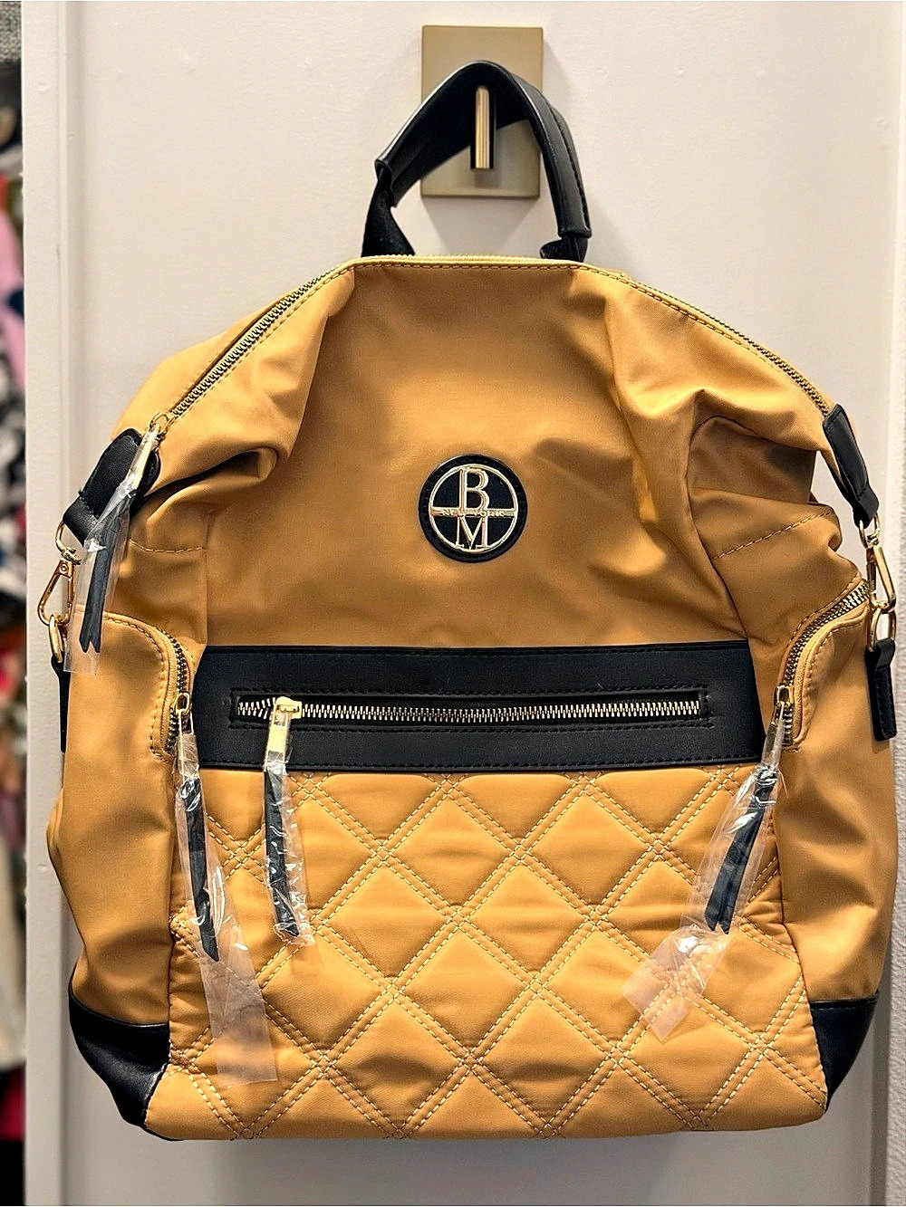 Badgley Mischka Quilted Nylon Backpack in Gold & Black
